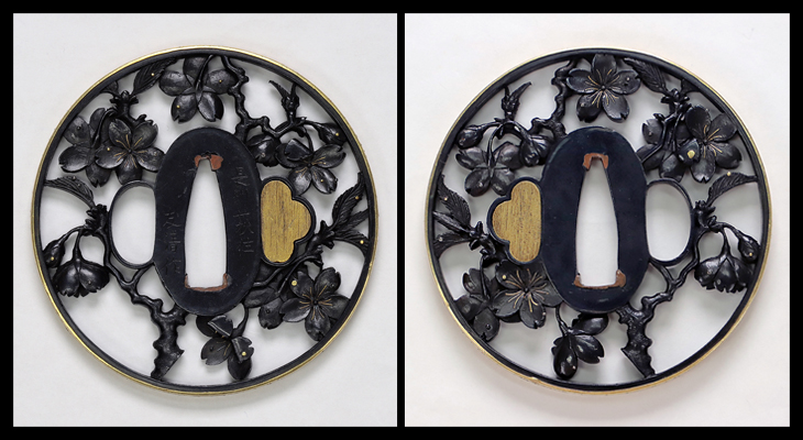 獅子と亀の彫刻 鍔(つば) 鍔:枝桜透図 Tsuba:Edazakura Sukashi Zu