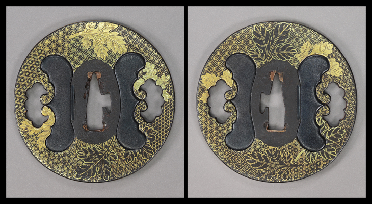 鉄製鍔 金の葉模様 象嵌 鍔：菊葉文様図 Tsuba:Kikuha Monyo Zu