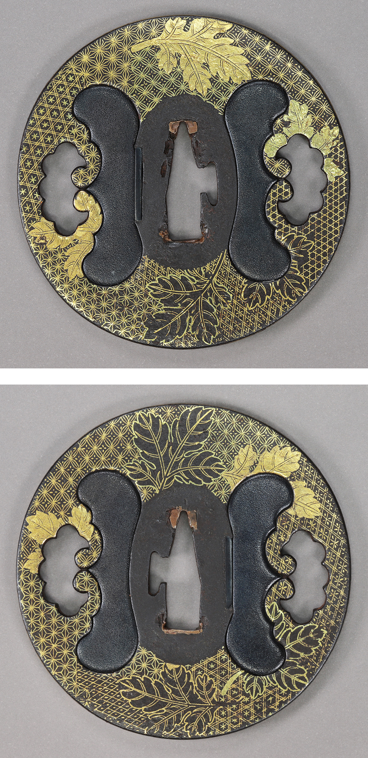 鉄鍔　本物　葉図　時代物 鉄地 斧題目図鍔｜現代物金具の販売 刀部 かたなべ – 刀部オンライン