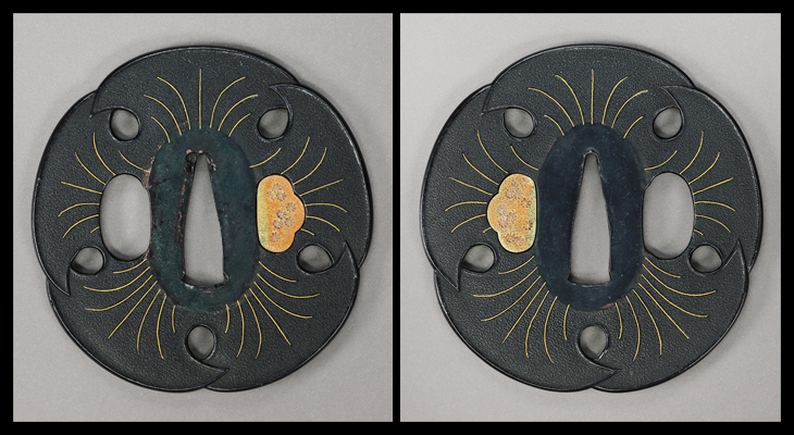 稀少品刀鍔　双牛透図鍔　無名 稀少品刀鍔 双牛透図鍔 無名 鍔 無銘 京献上 四方扇透鍔 (TU-080522