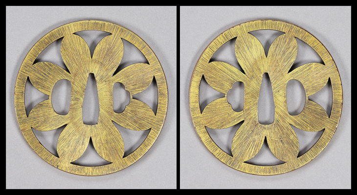 金色の花と昆虫の鍔 金色の花と昆虫の鍔 破扇散鐔〈無銘林又七／〉 文化遺産オンライン