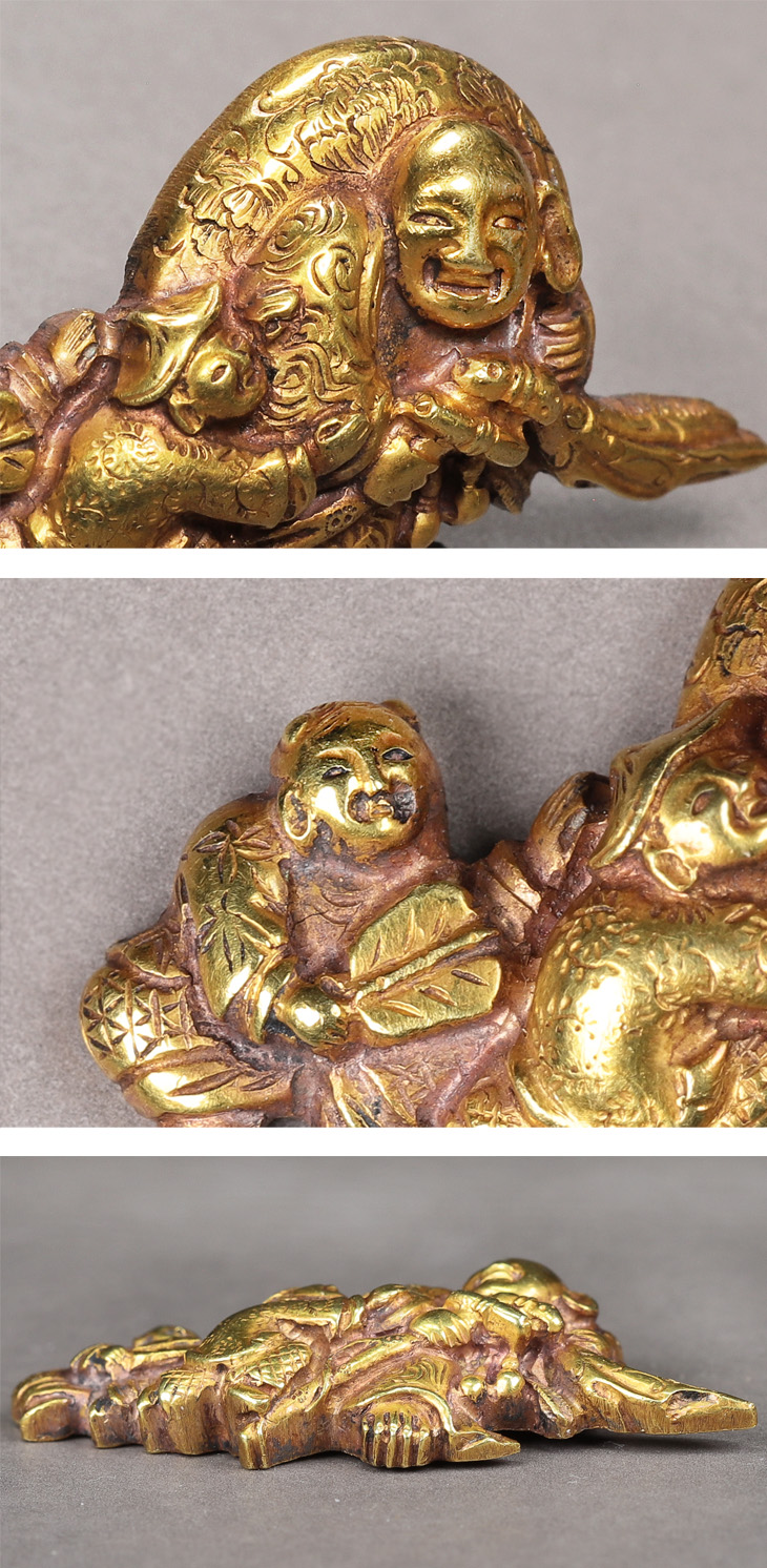 銅製:１尺3寸布袋唐子同行図置物 目貫：布袋唐子図 Menuki:Hotei Karako Zu